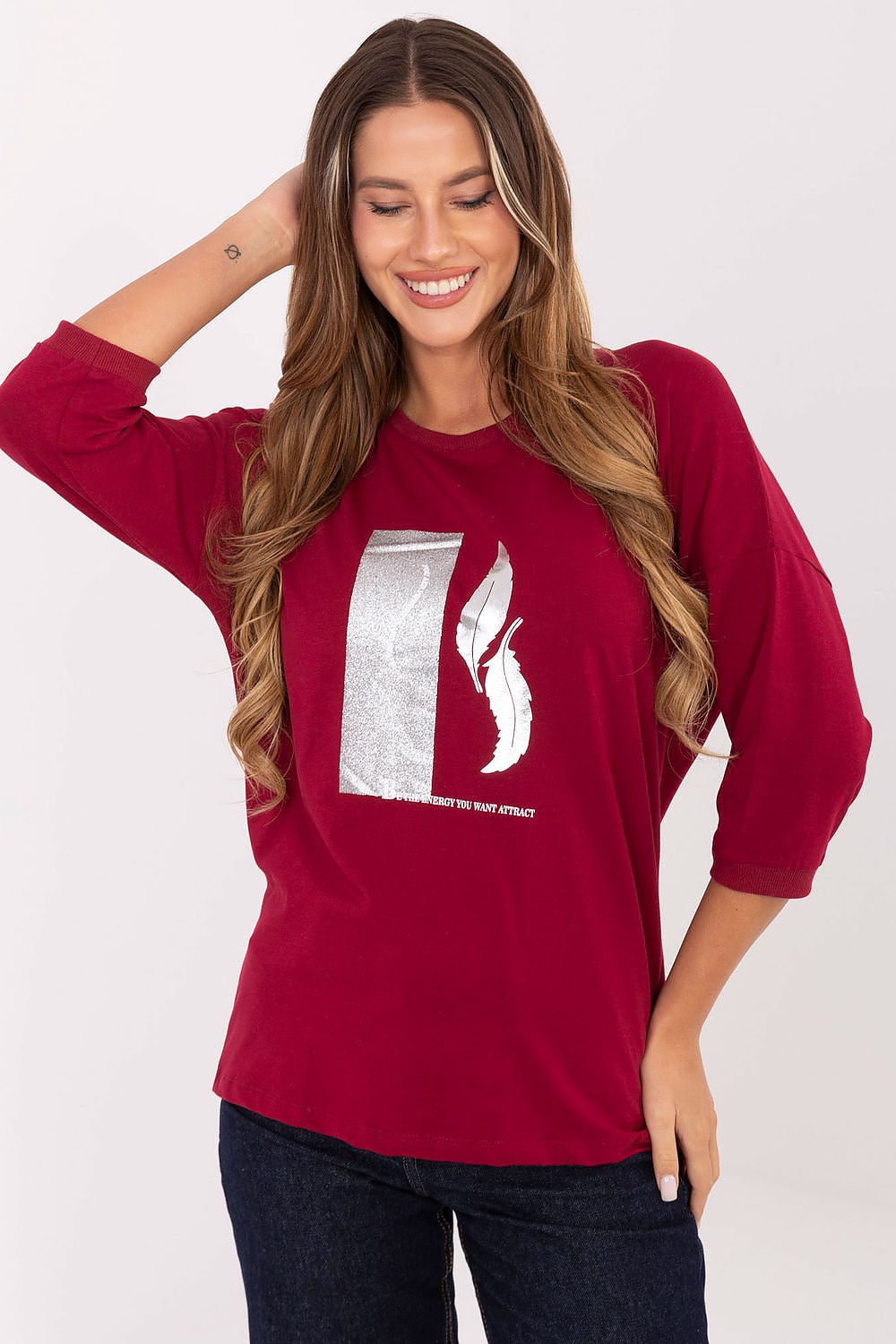 Luxurious casual women's blouse by Relevance featuring an elegant metallic print and 3/4 sleeves, crafted from soft cotton for ultimate comfort.