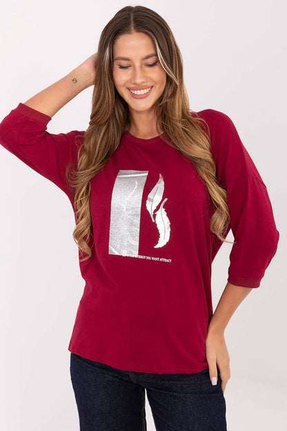 Luxurious casual women's blouse by Relevance featuring an elegant metallic print and 3/4 sleeves, crafted from soft cotton for ultimate comfort.