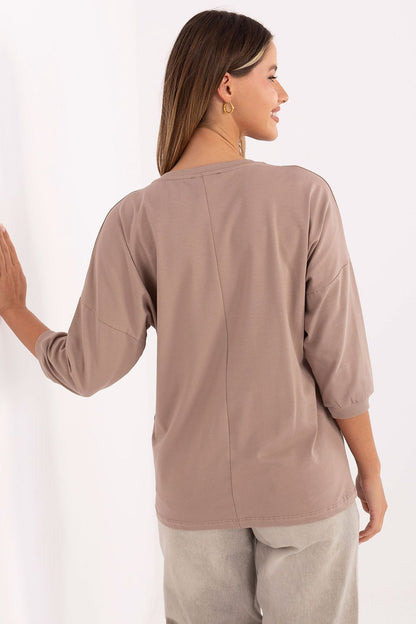 Elegant casual women's blouse by Relevance featuring metallic print, crafted from soft cotton and spandex with 3/4 sleeves, perfect for chic everyday wear.