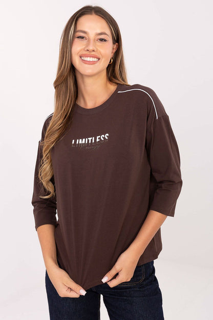 Elegant Luxury Casual Women's Blouse by Relevance, featuring soft cotton fabric with embroidered accents, 3/4 sleeves, and a classic round neckline, perfect for stylish everyday wear.
