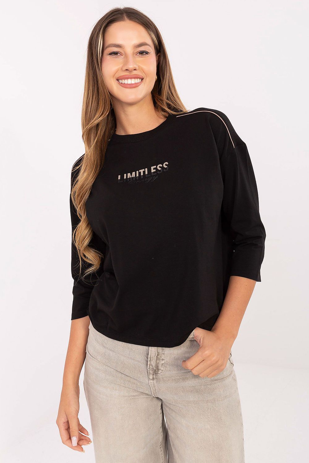 Luxurious 3/4 sleeve women's blouse by Relevance, showcasing intricate embroidery for a sophisticated casual look.