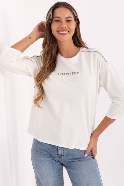 Elegant Luxury Casual Women's Blouse by Relevance, crafted from soft cotton with embroidered accents, featuring 3/4 sleeves and a classic round neckline.