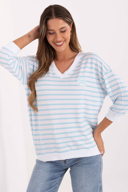 Elegant casual women's striped blouse from Relevance, featuring a stylish patch, V-neck, and 3/4 sleeves, made from luxurious soft micro modal blend.