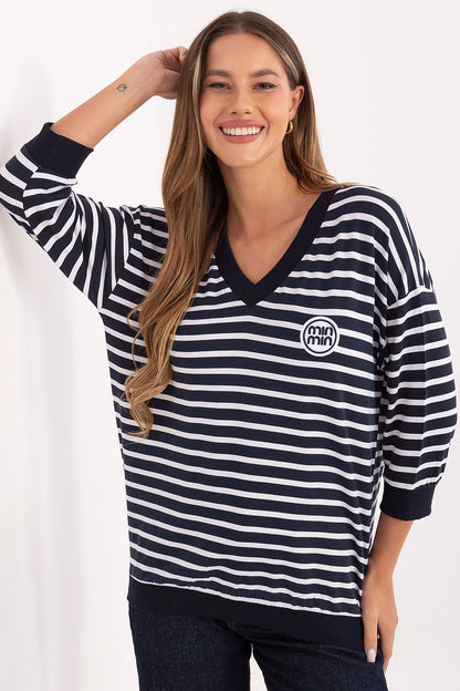 Elegant casual women's striped blouse by Relevance featuring a stylish patch, V-neck design, and 3/4 sleeves, crafted from a soft micro modal blend.