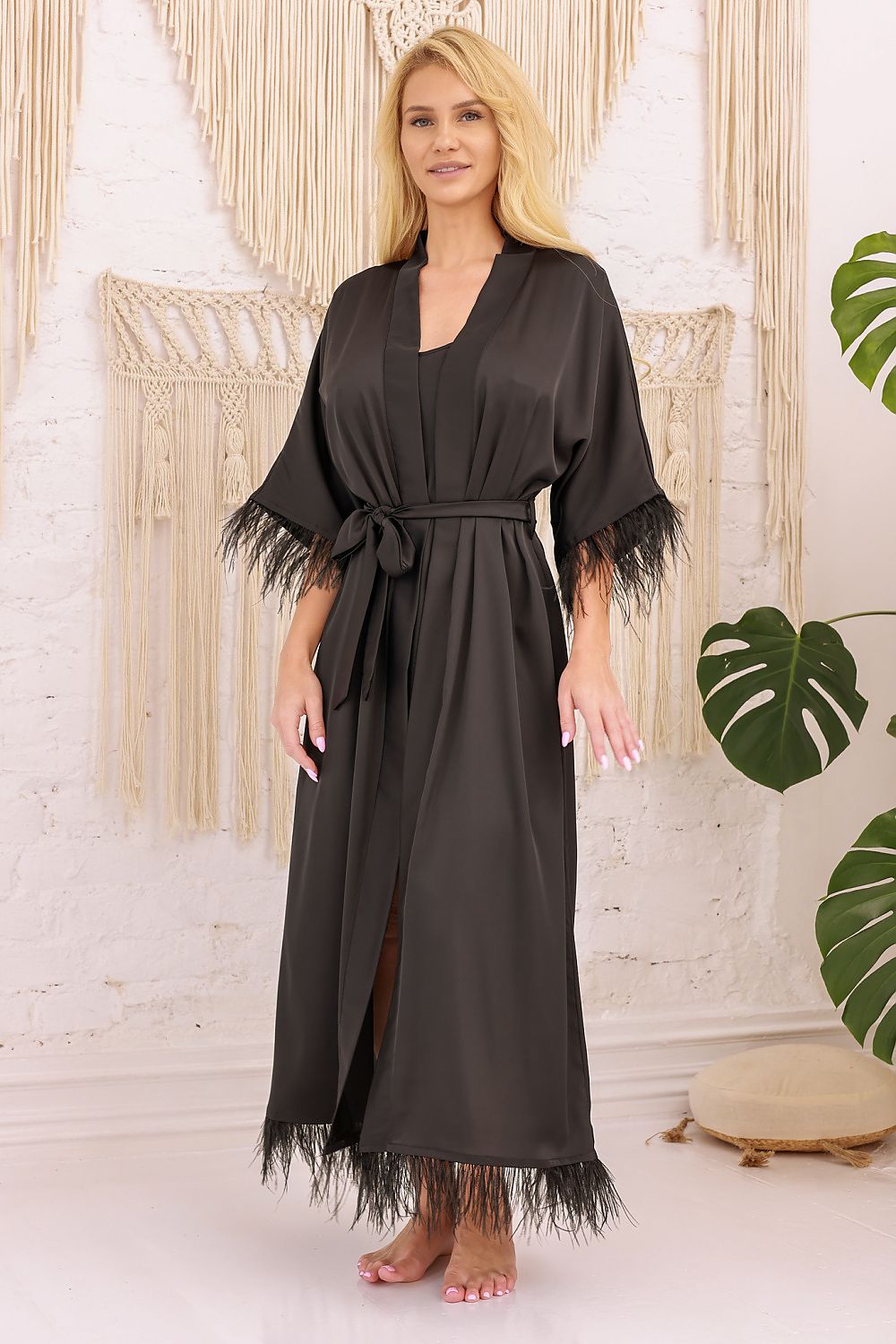 Kalimo Diva Luxury Bathrobe in silk-like satin featuring elegant feather accents, perfect for luxurious lounging.