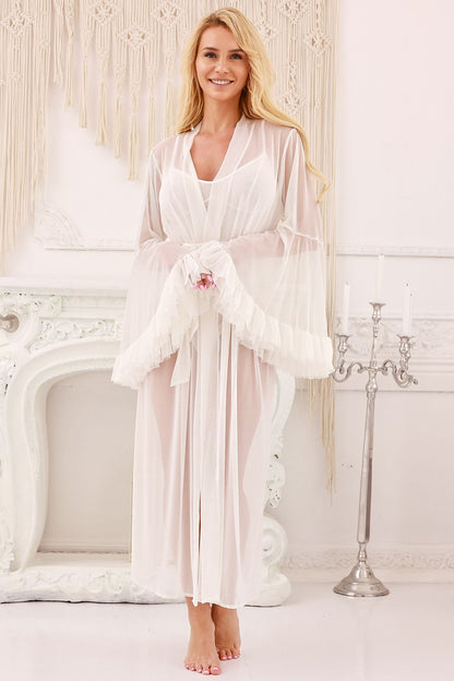 Kalimo Skylar Peignoir - A luxurious tulle bathrobe featuring ruffled wide sleeves, perfect for romantic evenings and special occasions.