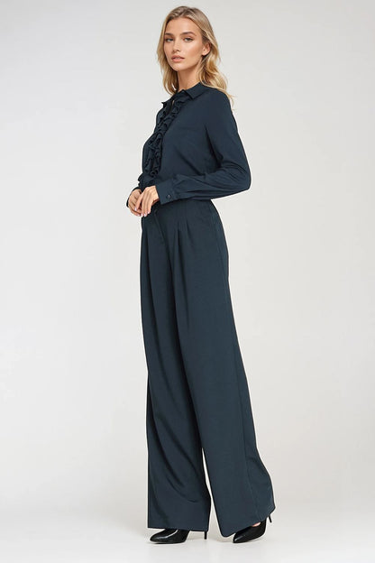 Flat lay image of Nife's women's long sleeve fitted shirt, showcasing its soft cotton and polyester blend with refined jabot design.