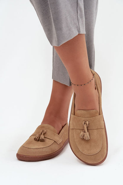 Elegant women's suede leather moccasins with tassels by Step in Style, showcasing a natural comfort design, perfect for every occasion.