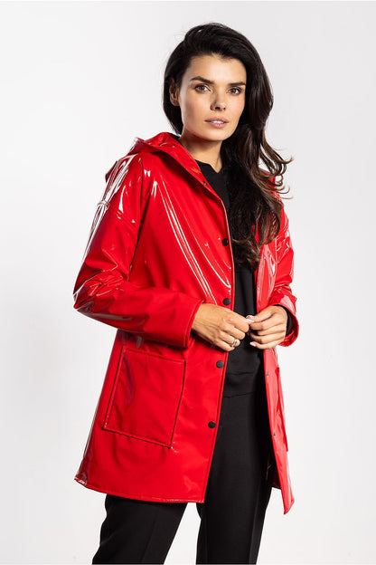 Exquisite elegant women's latex jacket with hood by Awama, showcasing a modern cut, practical pockets, and a stunning shiny finish. Perfect for autumn and spring ensembles.