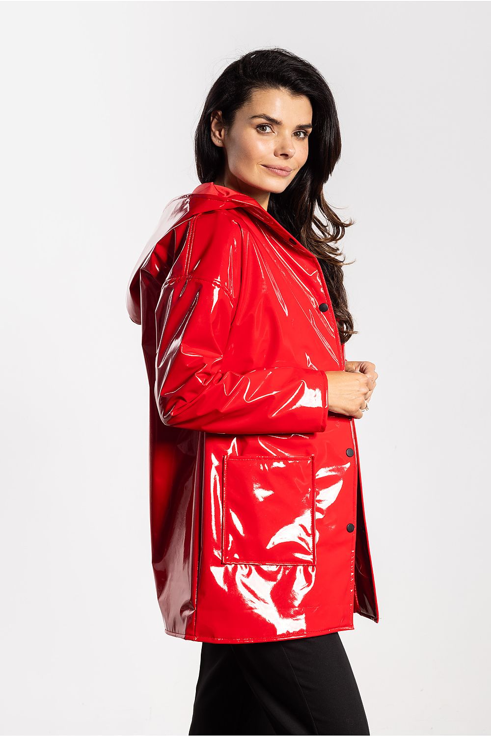 Stylish women's latex jacket with hood from Awama, featuring a minimalist design and glossy exterior, ideal for fashionable casual wear and everyday outfits.