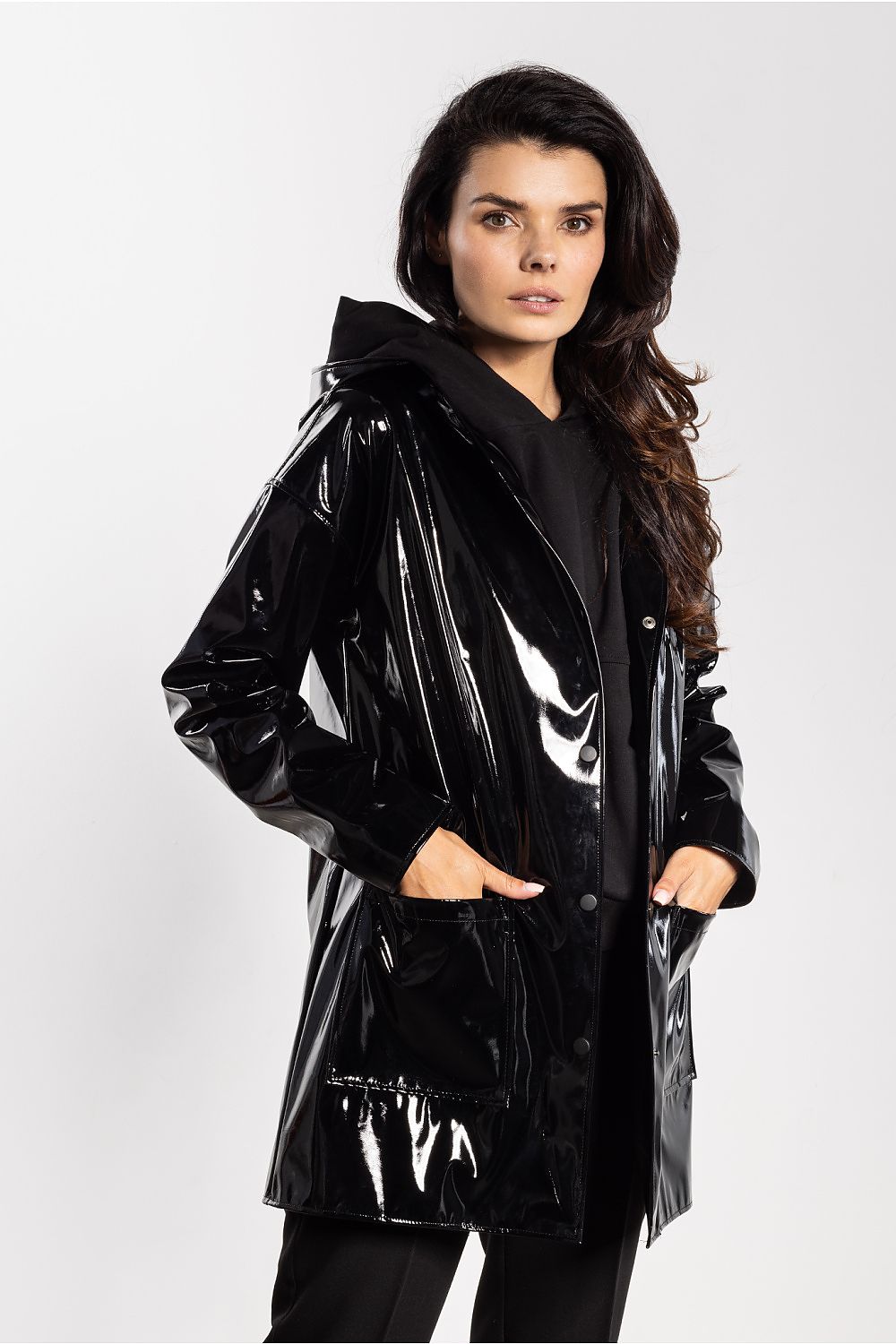 Premium women's latex jacket by awama with a contemporary silhouette and glossy texture, ideal for adding sophistication to everyday wear.