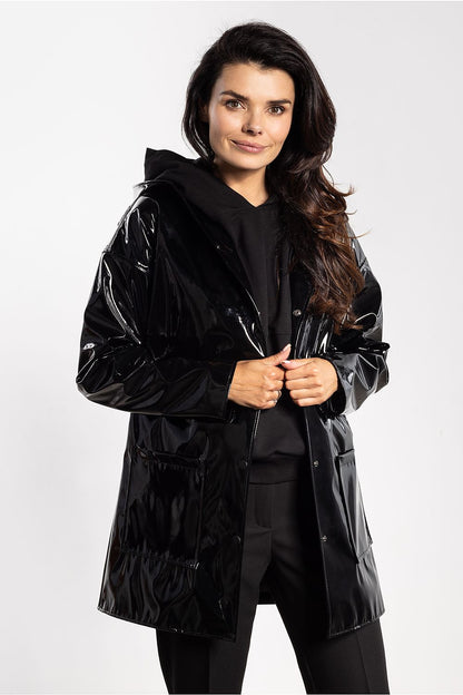 Luxurious women's latex jacket with hood by awama, crafted for comfort and elegance, perfect for transitional seasons.