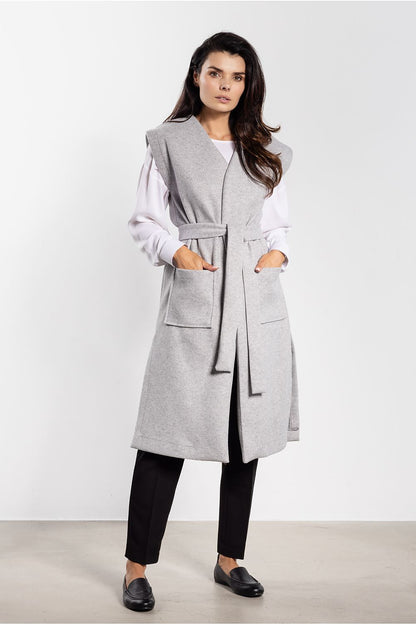Luxury long women's fleece gilet vest with belt and pockets by Awama, perfect for autumn styling.