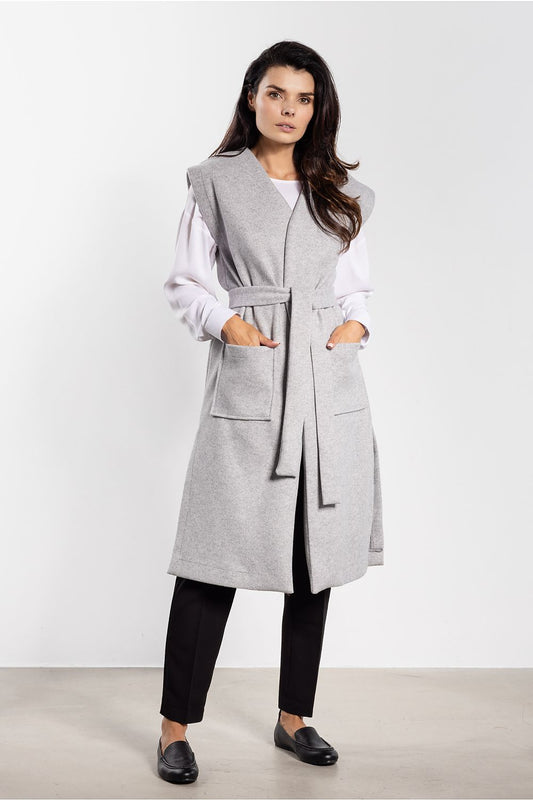 Luxury long women's fleece gilet vest with belt and pockets by Awama, perfect for autumn styling.