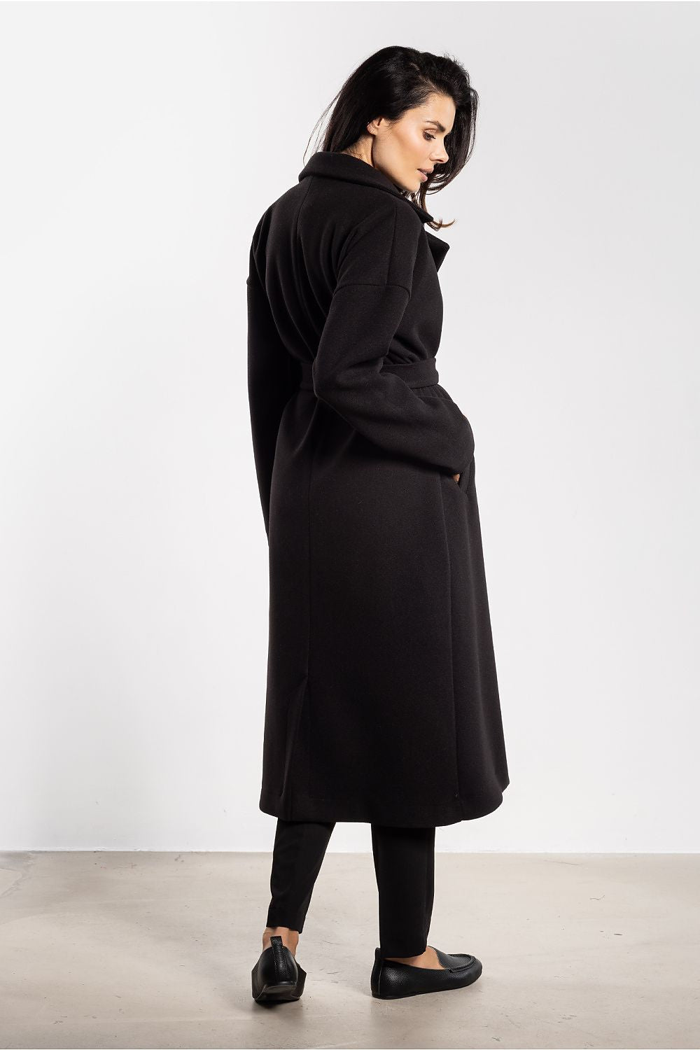 Luxury elegant women's midi coat with belt by awama, featuring a minimalist design and classic lapels, available in sizes S to XL, perfect for autumn-winter wardrobes.