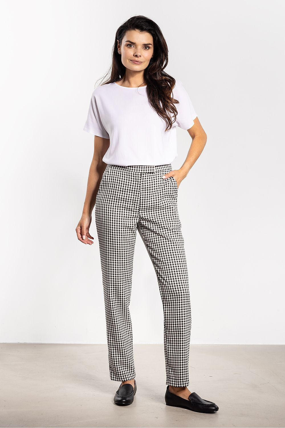 Stylish plaid cigarette trousers from Awama, crafted for women with a blend of polyester, rayon, and spandex, perfect for both professional and everyday looks.
