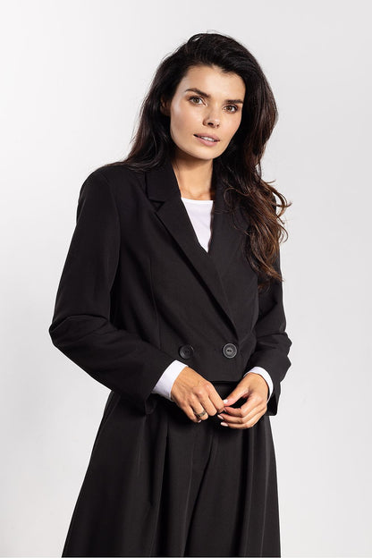 Back view of the Awama double-breasted jacket, featuring a straight shoulder line and professional silhouette for a tailored yet comfortable fit.