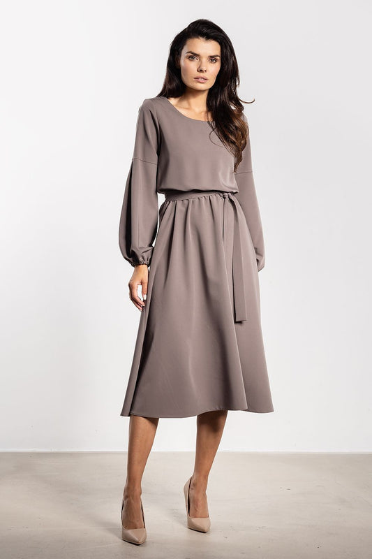 Elegant loose-cut midi dress in soft fabric with belt and puffy sleeves by awama, perfect for adding sophistication to your wardrobe.