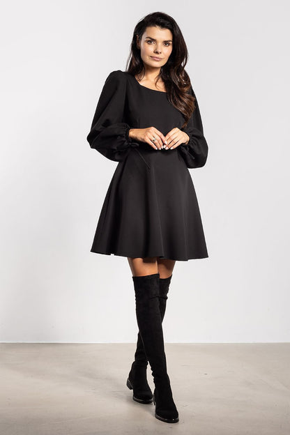 Awama Fashion's luxurious flared mini dress featuring long puffy sleeves and a decoratively tied waist, ideal for both casual and elegant gatherings.