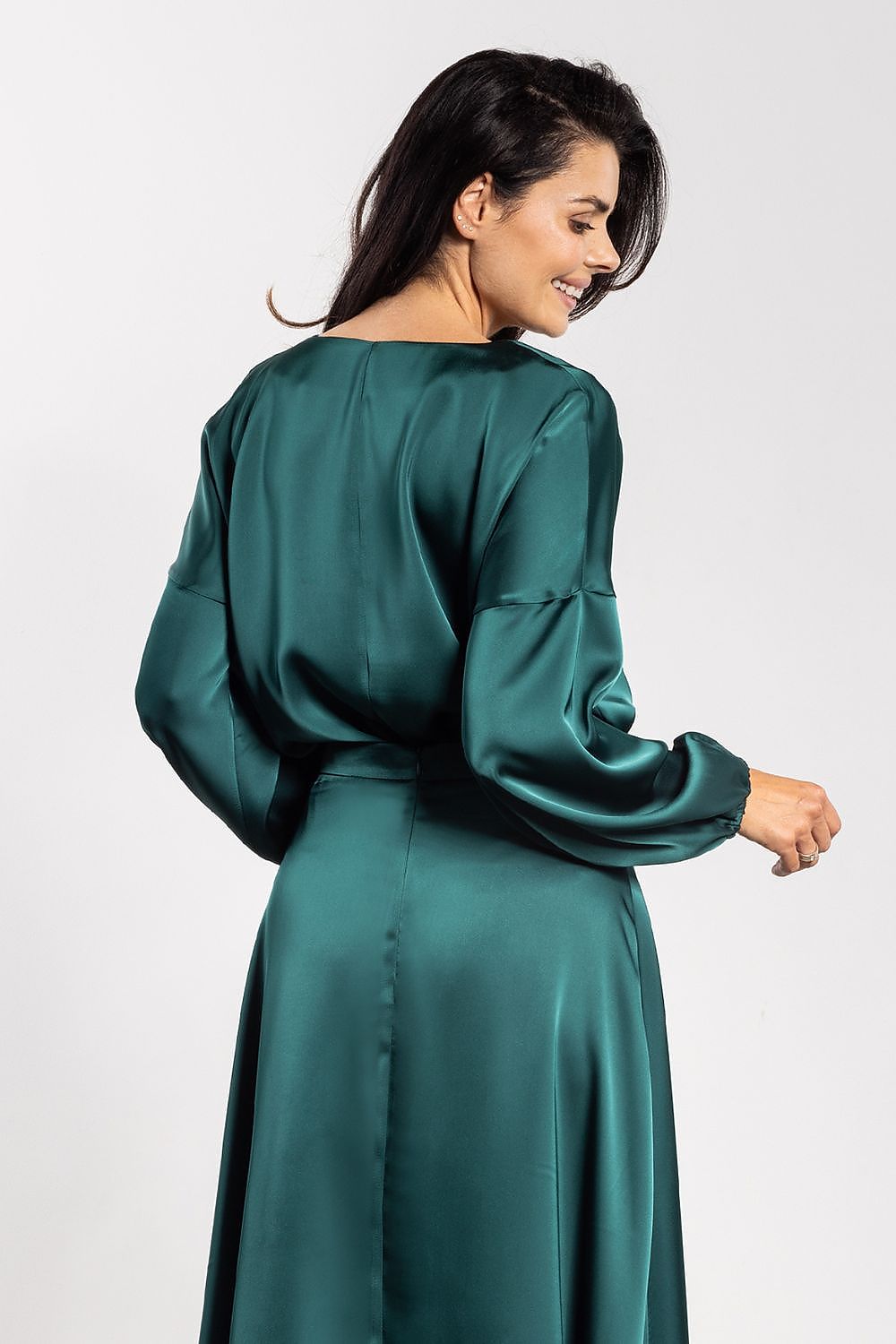 Elegant satin blouse by Awama featuring a V-neck design and long sleeves, perfect for sophisticated styling in sizes S to XL.