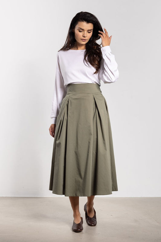 Elegant high waist midi skirt with flared bottom by Awama, showcasing a luxurious fit and silhouette for sizes S to XL.