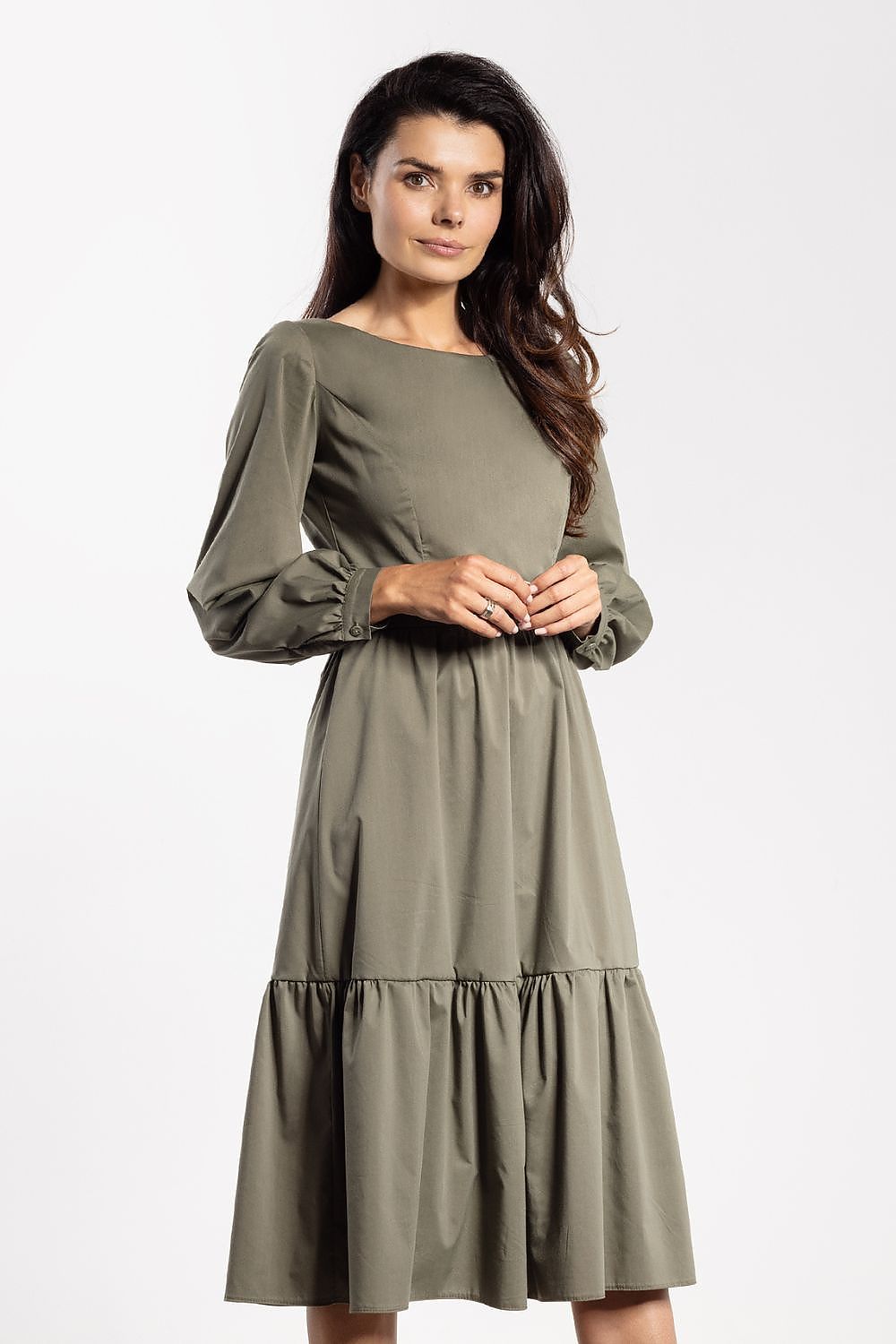Elegant Awama midi dress with flared silhouette, showcasing romantic ruffle details, perfect for both formal and casual occasions.
