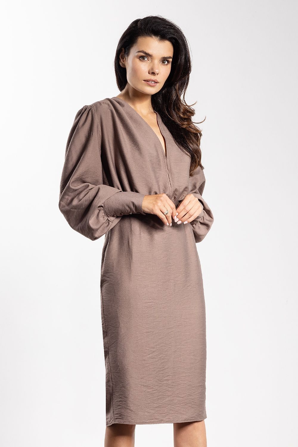Elegant fitted midi cocktail dress by Awama, featuring a deep V neckline, luxurious puff sleeves, and a classic pencil silhouette, perfect for special occasions.