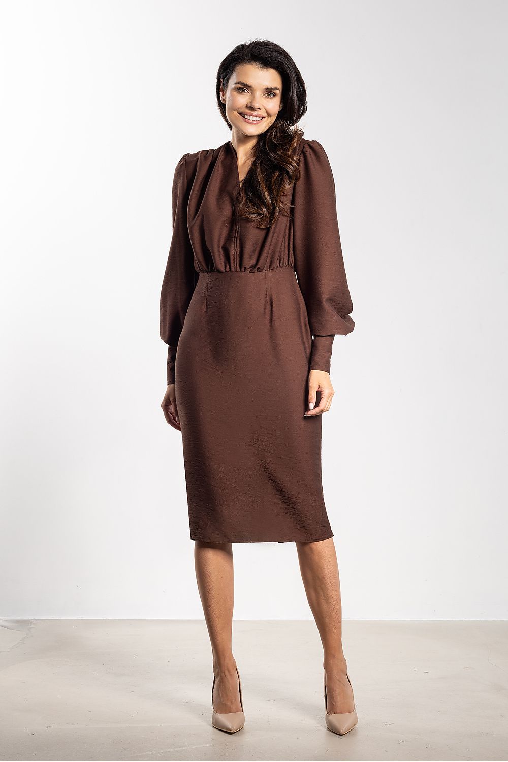 Elegant fitted midi cocktail dress by Awama featuring a deep V neckline and exquisite puff sleeves, perfect for special occasions.
