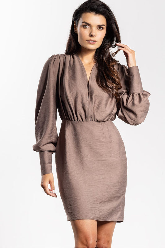 Elegant mini cocktail dress by Awama featuring a deep V neckline and fashionable puff sleeves, perfect for special occasions.
