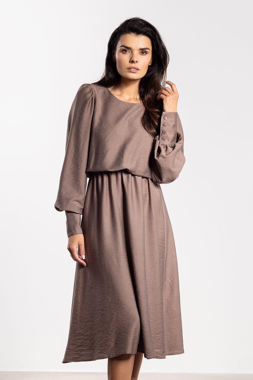 Elegant midi dress by Awama in soft fabric, featuring a loose cut and elastic waistband, perfect for any occasion.
