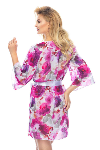 Close-up of the Irall Chiffon Bathrobe showcasing the beautiful print and belt tie, accentuating the waist in a sophisticated 3/4 sleeve design ideal for gifting.
