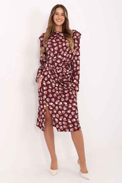 Close-up of the luxurious fabric of Rue Paris geometric midi dress, showcasing the high-quality viscose and polyester blend.