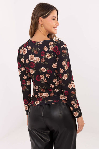 Full view of Rue Paris fitted floral blouse in size EU 0, highlighting its elegant silhouette and luxurious fabric blend for ultimate comfort.