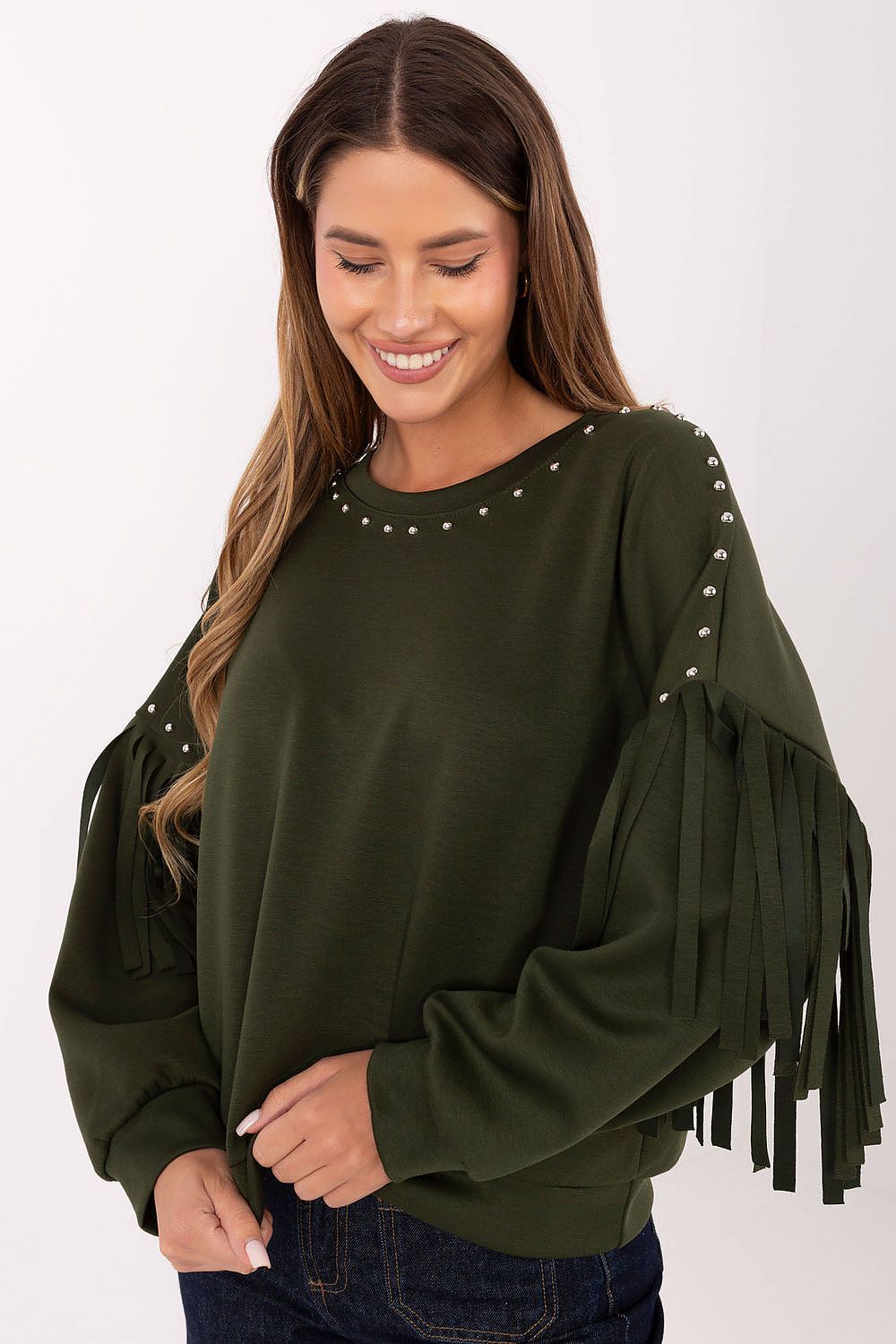 Luxurious women's casual sweatshirt by Rue Paris, featuring stylish studs and fringes, crafted from a soft viscose-polyester blend, perfect for elevated everyday wear.