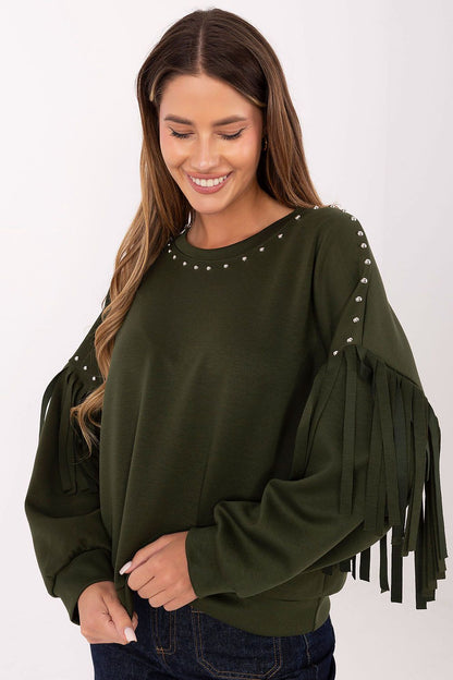 Luxurious women's casual sweatshirt by Rue Paris, featuring stylish studs and fringes, crafted from a soft viscose-polyester blend, perfect for elevated everyday wear.