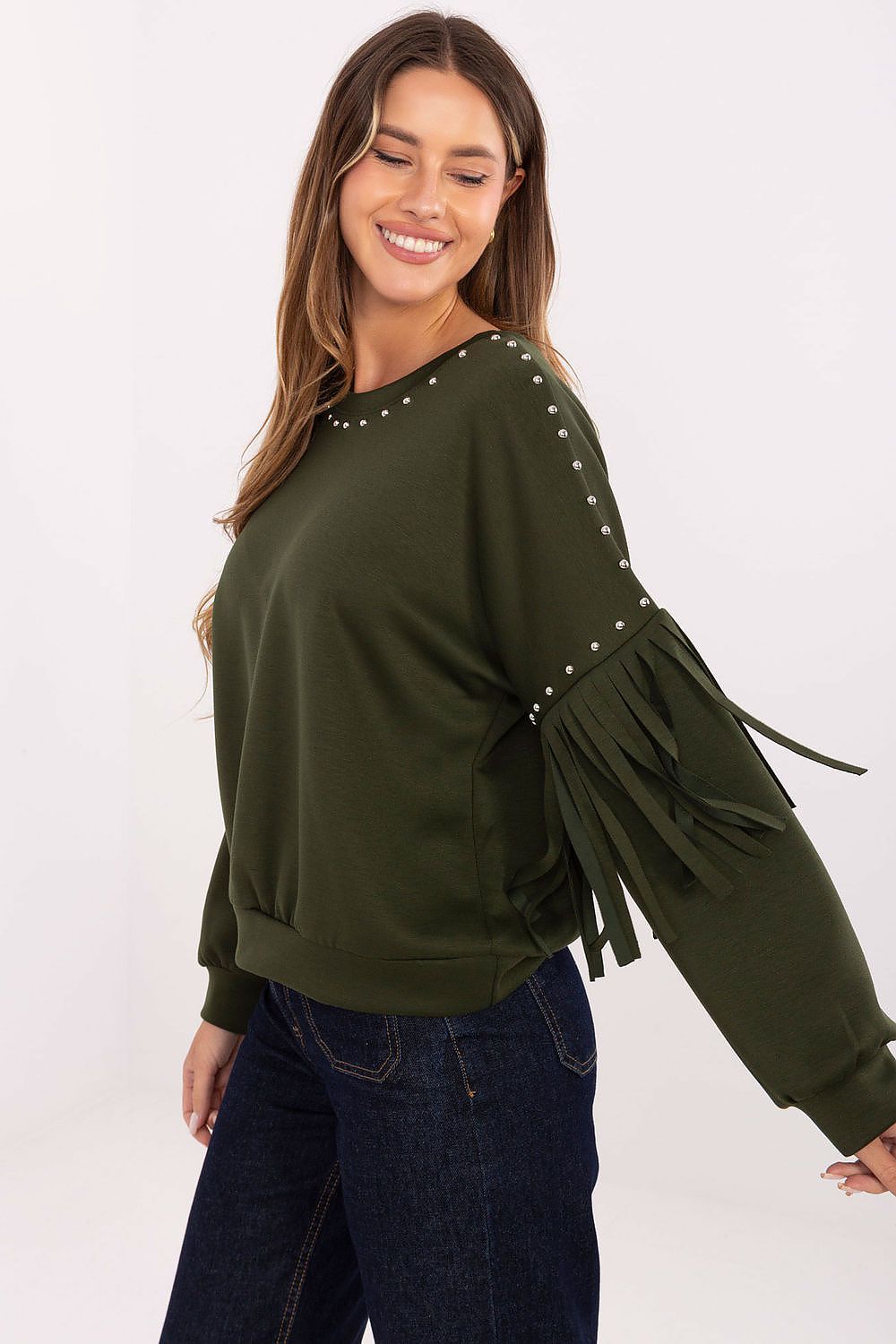 Elegant rear view of Rue Paris women's casual sweatshirt with long sleeves and decorative fringes, showcasing a modern design ideal for chic casual styling.