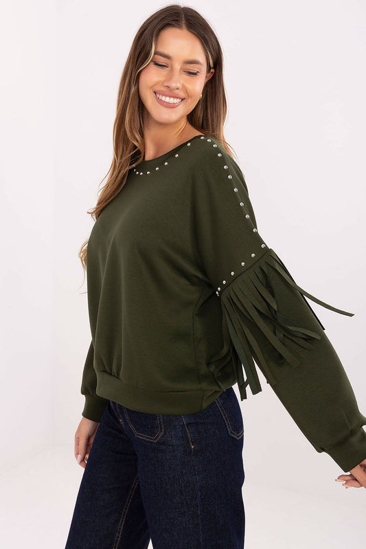 Elegant rear view of Rue Paris women's casual sweatshirt with long sleeves and decorative fringes, showcasing a modern design ideal for chic casual styling.