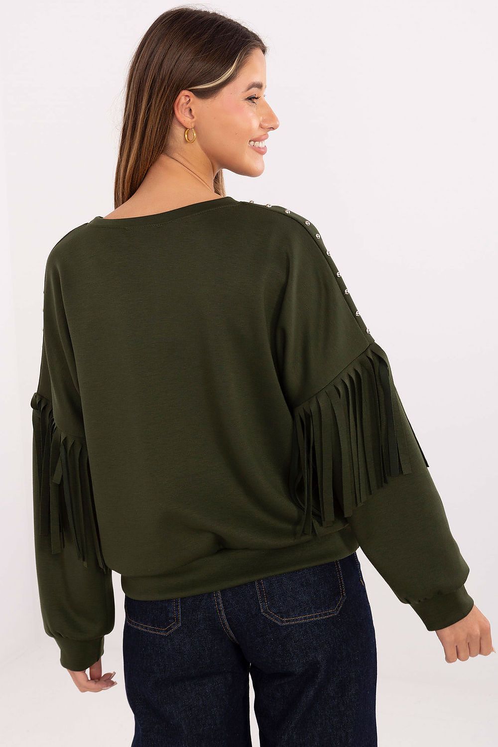 Elegant Women's Casual Sweatshirt by Rue Paris featuring studs and fringes, perfect for chic everyday wear in a soft viscose-polyester blend.
