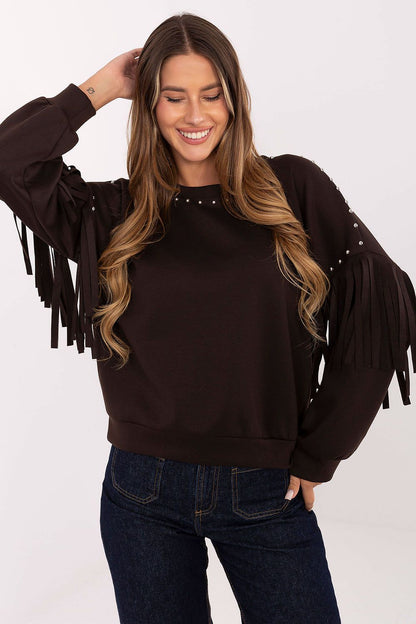 Luxury women's casual sweatshirt by Rue Paris featuring stylish studs and fringes, crafted from a soft viscose-polyester blend in size EU 0.