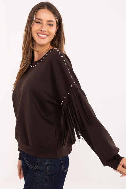 Chic women's sweatshirt from Rue Paris showcasing a modern round neckline with decorative studs, designed for everyday elegance.