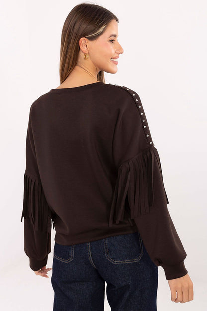 Elegant Rue Paris women's casual sweatshirt with long fringed sleeves, perfect for layering and enhancing daily outfits.