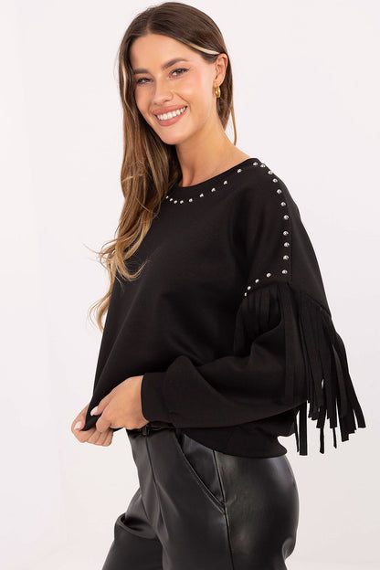Stylish Rue Paris sweatshirt designed for women, featuring a unique combination of fringes and studs for a contemporary look.