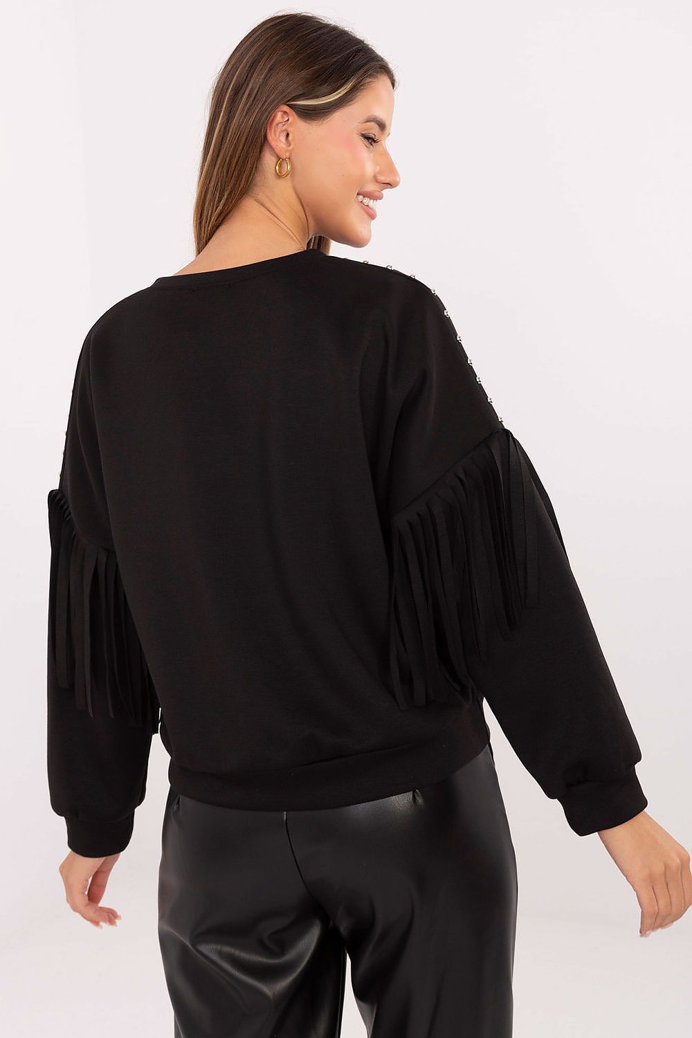 Elegant women's casual sweatshirt by Rue Paris featuring subtle studs and eye-catching fringes, crafted from a luxurious viscose-polyester blend in size EU 0.