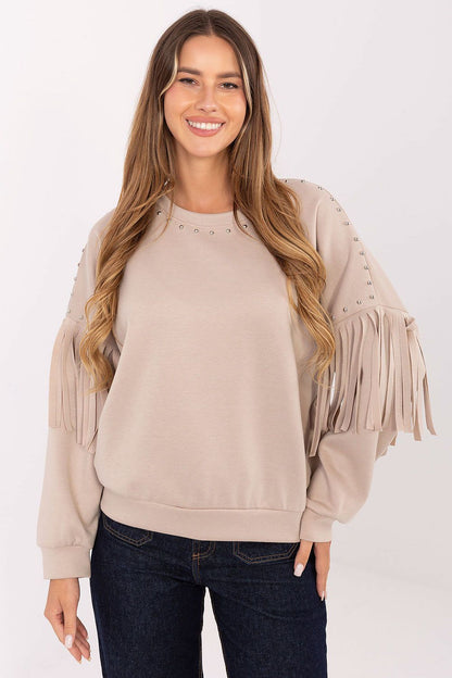 Stylish women's sweatshirt by Rue Paris, showcasing a classic round neckline with studded embellishments and fringes, perfect for chic everyday style in soft viscose-polyester blend.