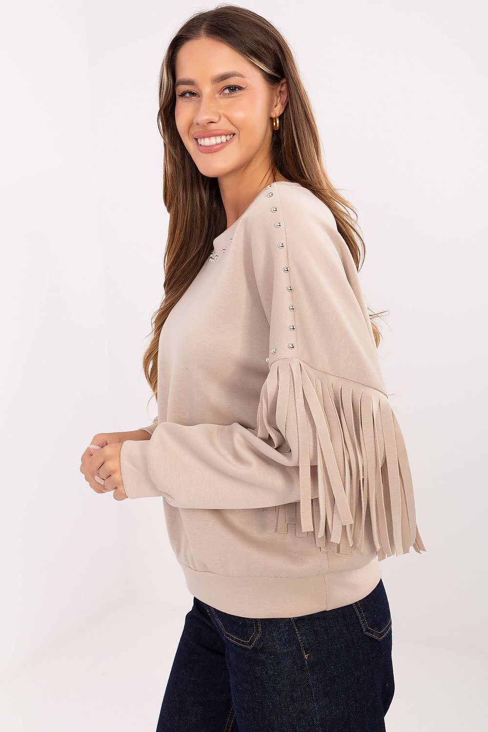 Sophisticated casual sweatshirt for women by Rue Paris, designed with decorative studs and long fringed sleeves, offering comfort and a modern touch in size EU 0.