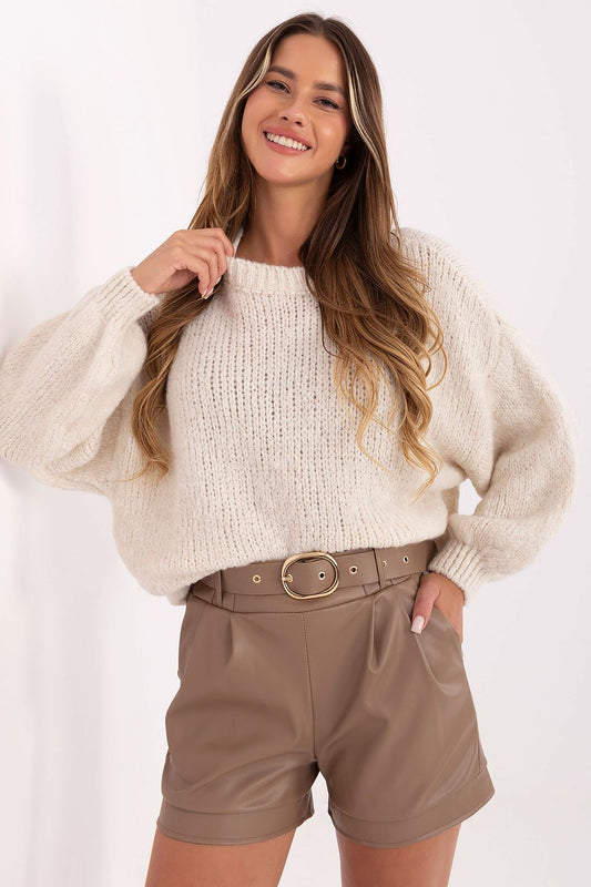 Elegant high-waist leather shorts by Rue Paris, featuring stylish pockets and a luxurious design, perfect for sophisticated women's fashion.