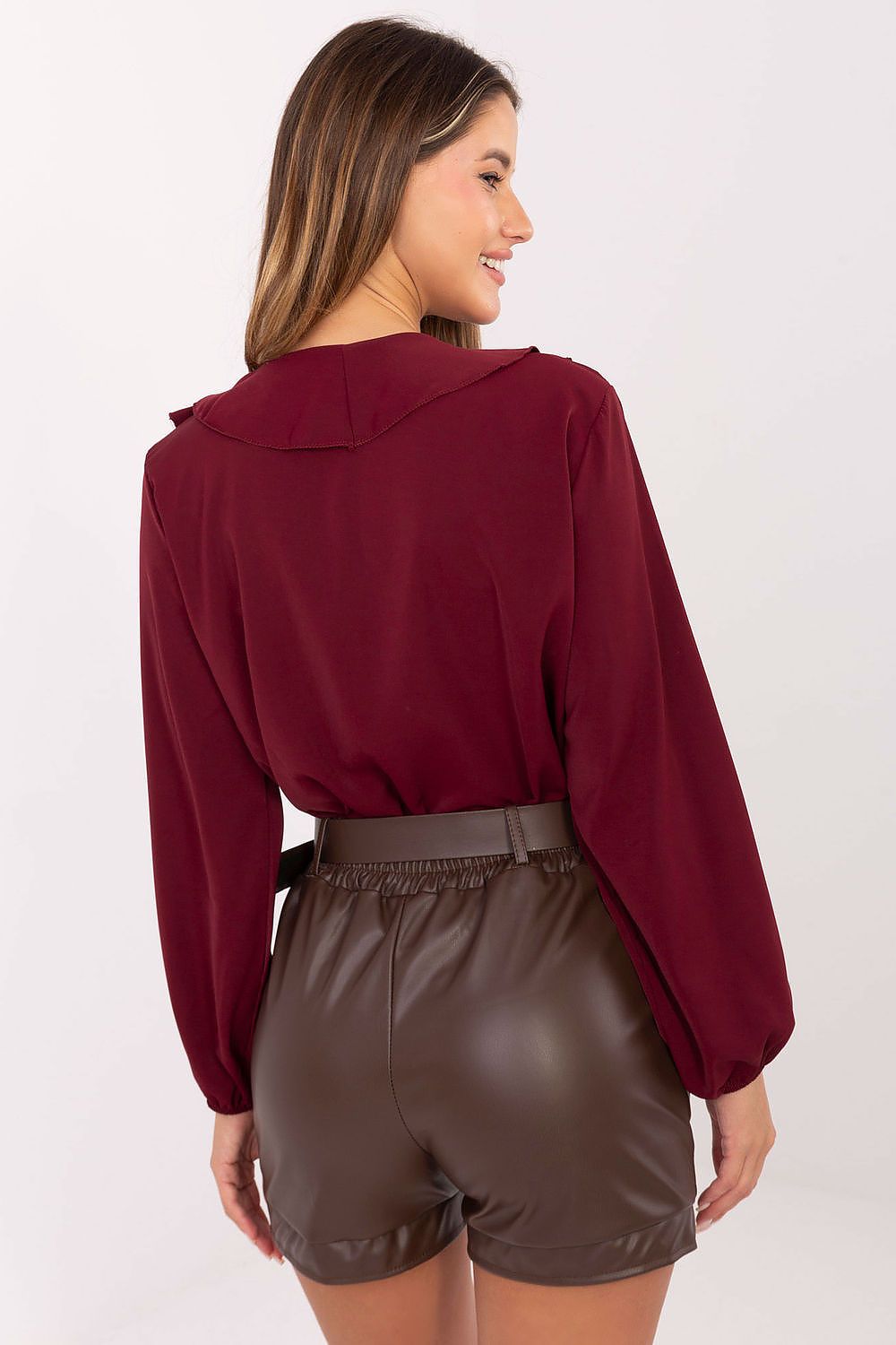 Stylish women's high-waist leather shorts with a smooth texture and elastic back by Rue Paris, combining comfort and elegance.