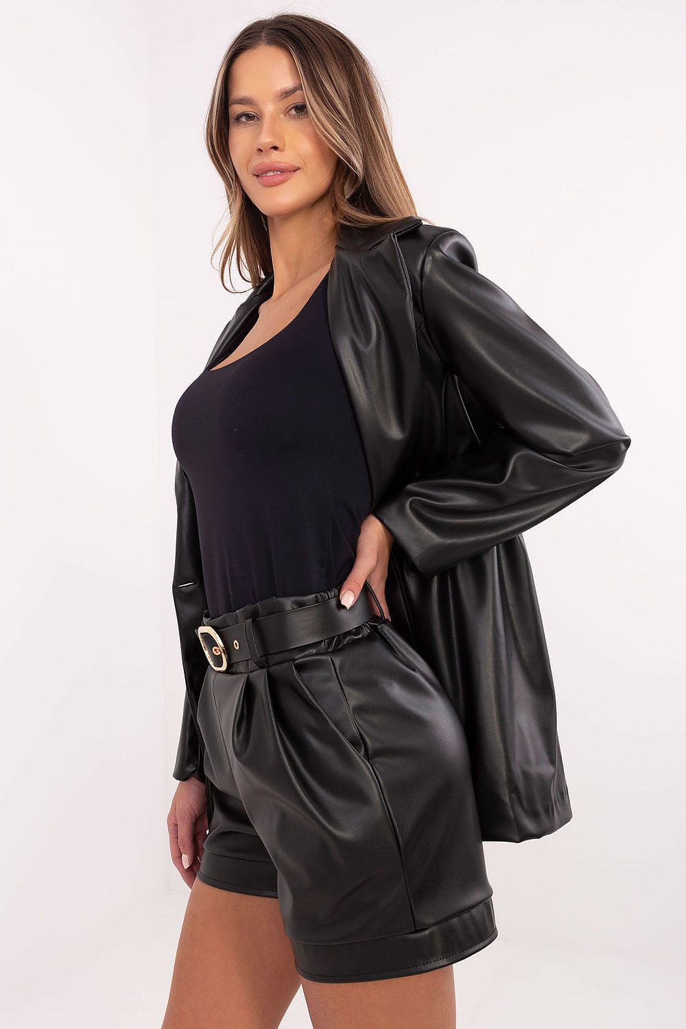 Sophisticated high-waist leather shorts with a fashionable fit and pockets by Rue Paris, epitomising luxury and comfort.