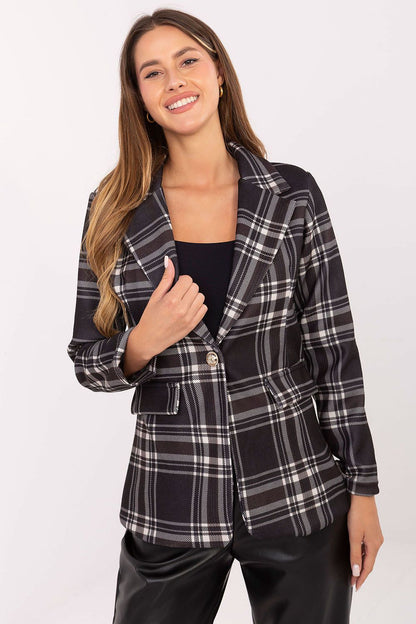 Elegant women's checkered blazer by Rue Paris featuring structured shoulder pads, crafted from high-quality polyester, perfect for sophisticated casual wear.