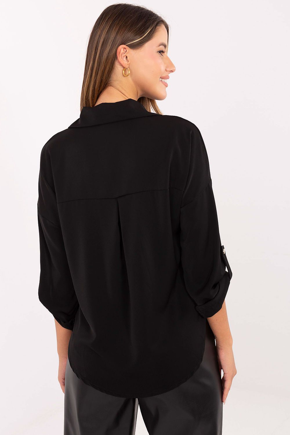 Elegant Women's Long Sleeve Shirt by Rue Paris featuring a classic cut and stylish brooches, made from a high-quality blend of polyester, viscose, and elastane, perfect for business and everyday wear.